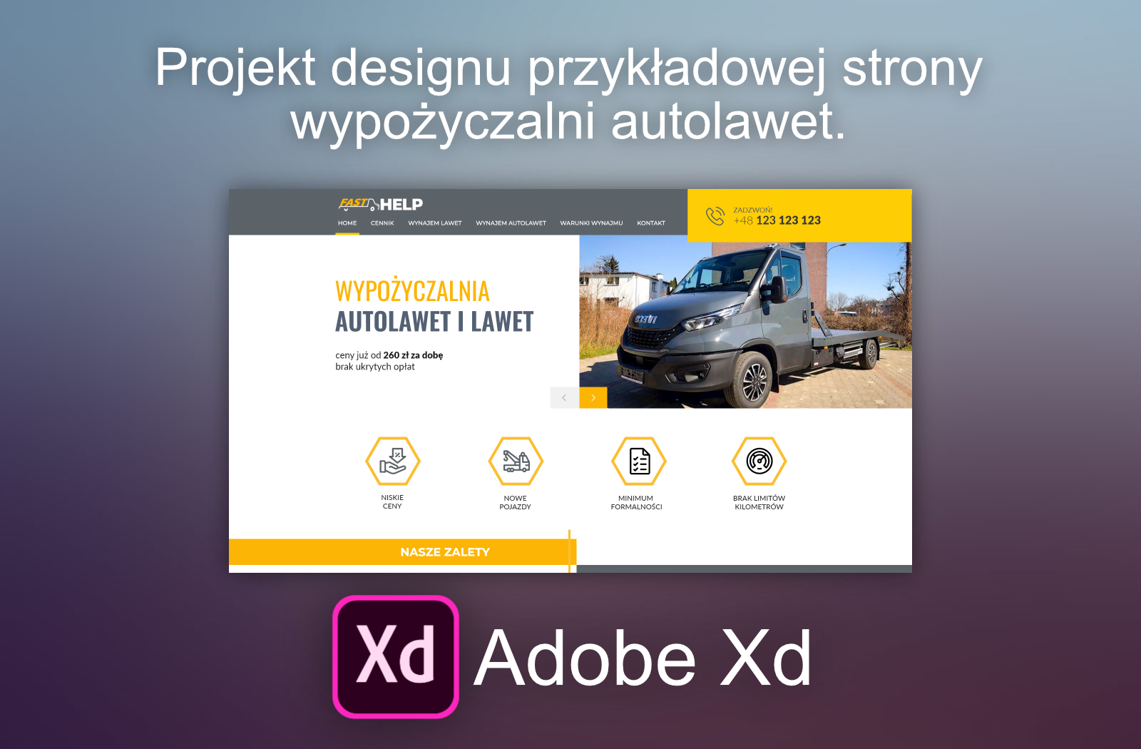 Projekt designu przykładowego strony wypożyczalni autolawet/lawet w Adobe Xd. Pełna prezentacja dostępna na YouTube pod adresem: https://youtu.be/kct4sKSnHBM